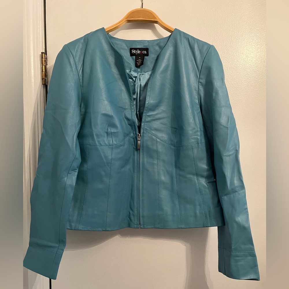 Teal blue, leather Style and Company jacket. Never worn no tags.